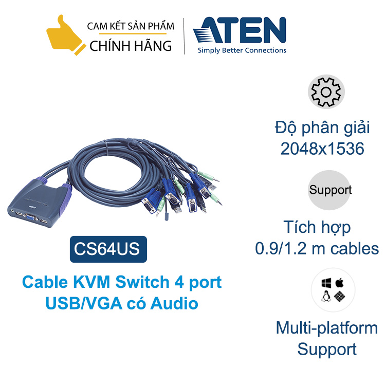 Mua Bộ chuyển tín hiệu 4 CPU dùng chung 1 màn hình có audio, ATEN CS64US  KVM Switch dạng cable - Hàng chính hãng tại LightJSC | Tiki