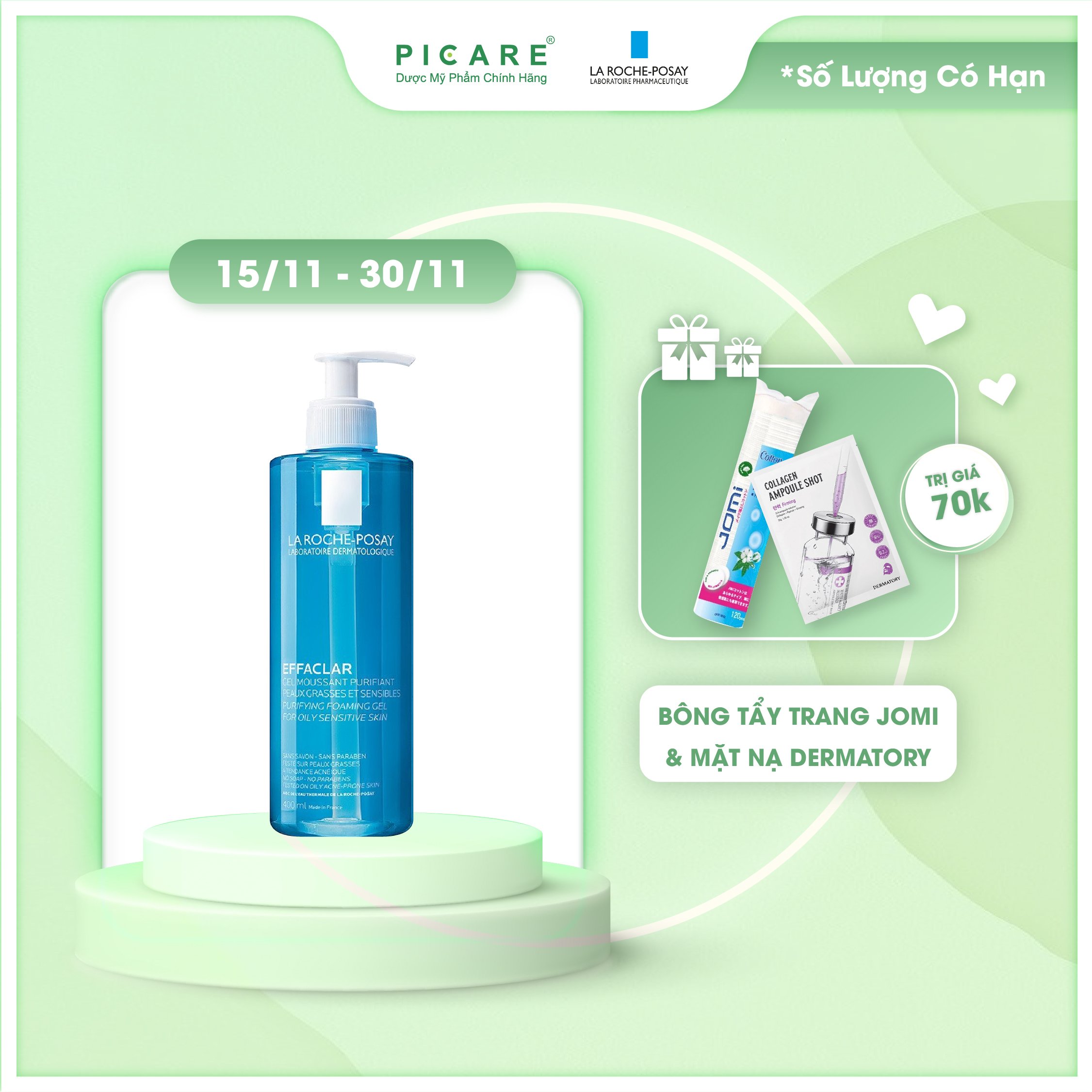 Gel rửa mặt tạo bọt làm sạch &amp; giảm nhờn cho da dầu nhạy cảm La Roche-Posay Effaclar Purifying Foaming Gel (400ml)