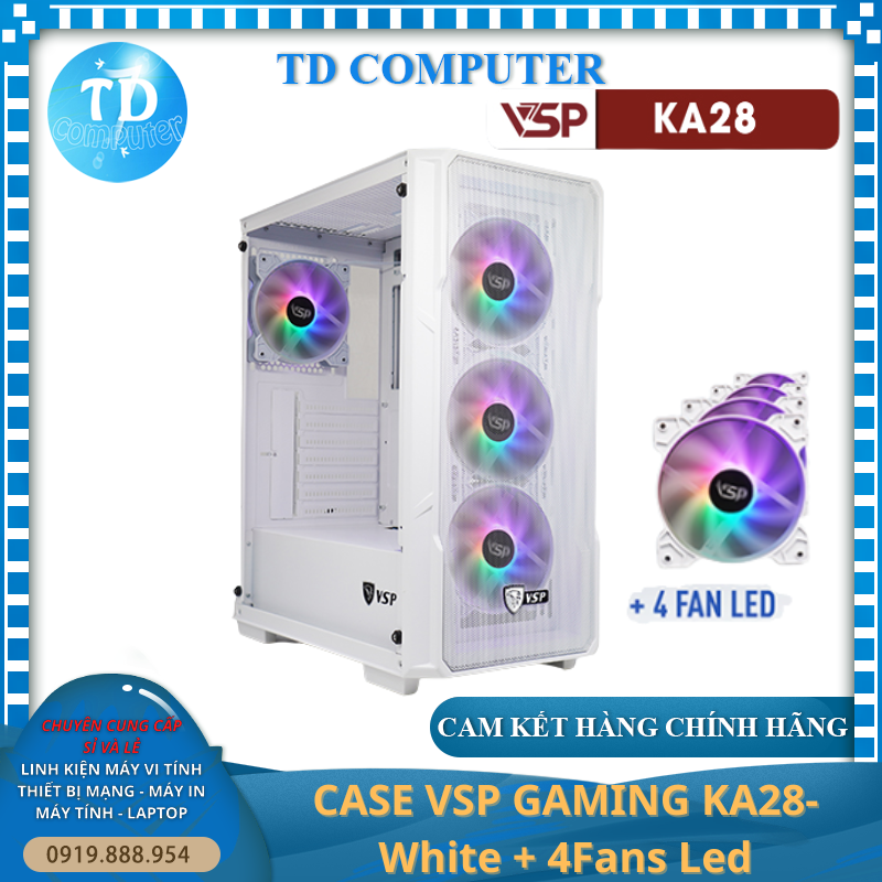 Vỏ máy tính Case VSP KA28 [TRẮNG] sẵn 4 Fan LED ~ Gaming Kính cường lực (ITX, MICRO-ATX, ATX) - Hàng chính hãng TECH VISION phân phối