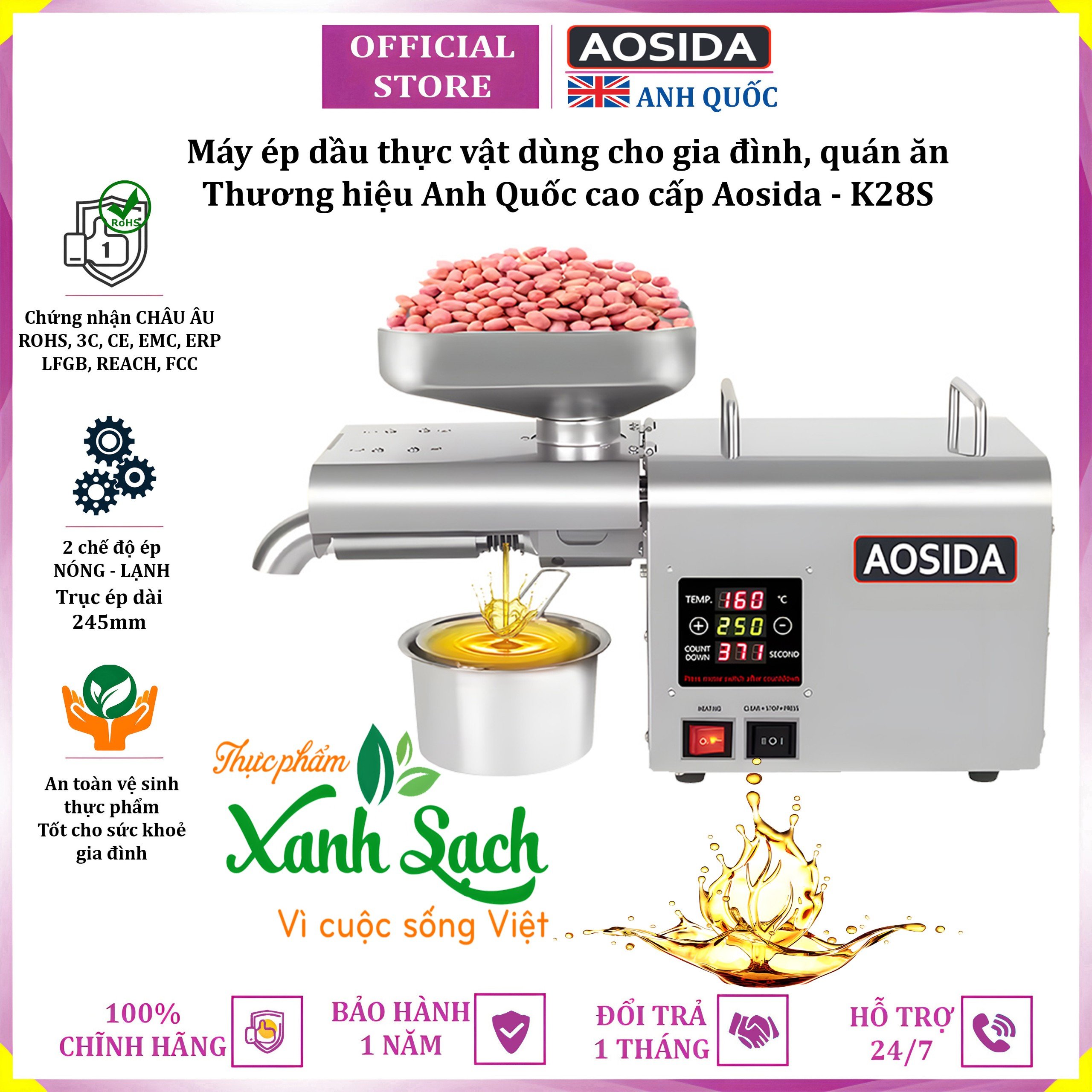 Máy ép dầu ăn thực vật nóng và lạnh dùng cho thương hiệu Anh Quốc Aosida K28S cao cấp - Hàng Nhập Khẩu