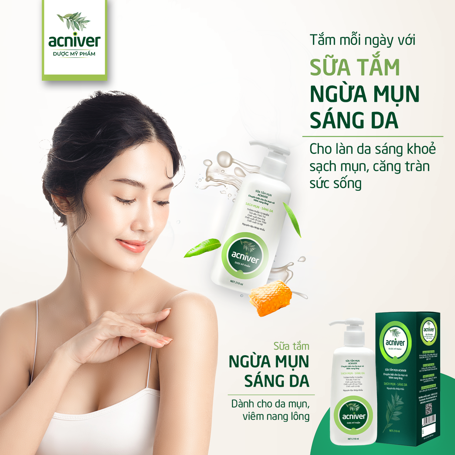 Sữa Tắm Mụn Lưng Acniver Chiết Xuất Thảo Dược Giảm Mụn Lưng, Ngực, Mông, Giúp Làm Sạch Da Toàn Thân, Loại Bỏ Bụi Bẩn, Dầu Nhờn, Thông Thoáng Lỗ Chân Lông Chai 210ml