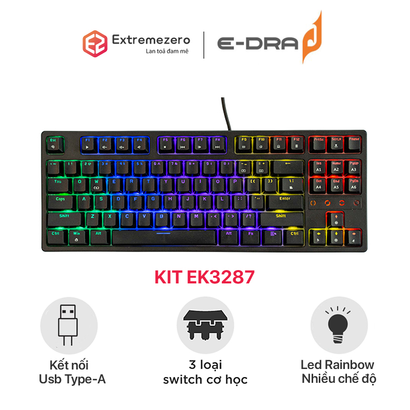Bàn phím cơ chơi game có dây E-Dra EK3287 - Led Rainbow - E-dra Switch - Hàng chính hãng