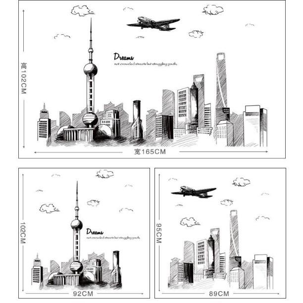 Decal trang trí tường - Thành Phố Tranh Vẽ Đen Trắng size lớn