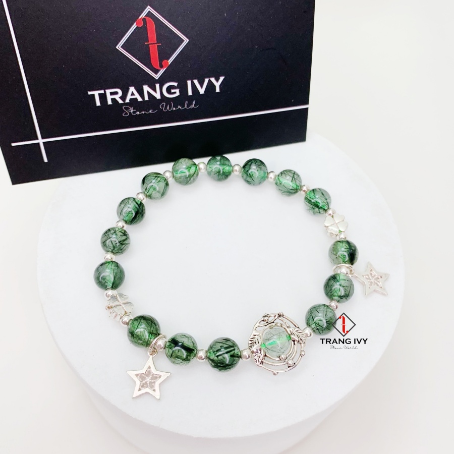 Vòng Tay Thạch Anh Tóc Xanh Mix Charm Bạc