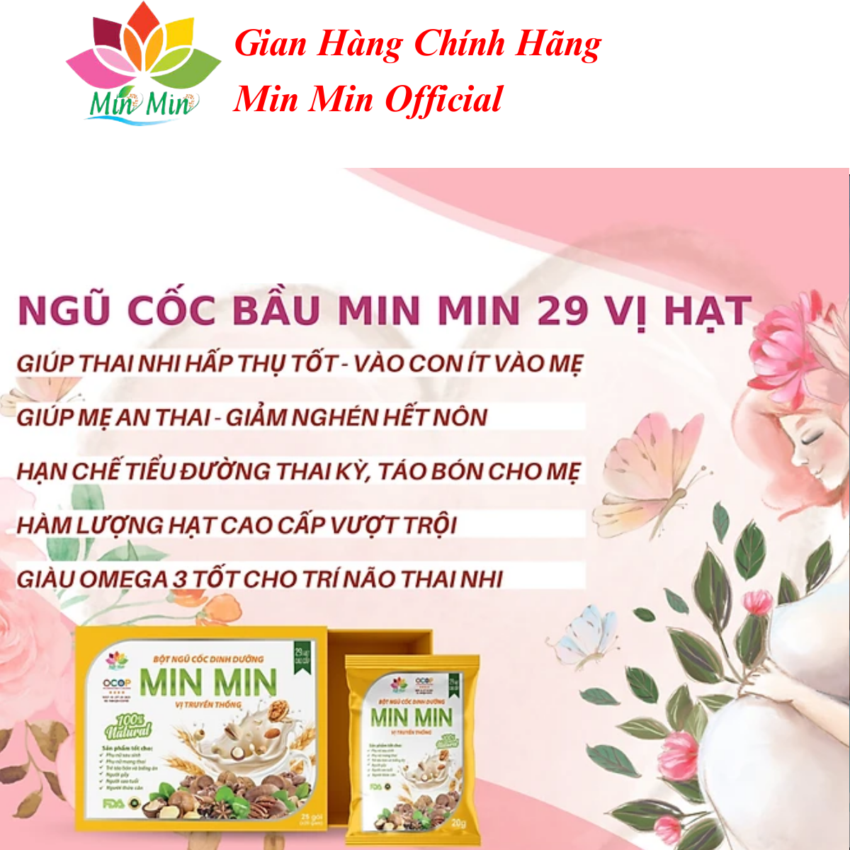 Combo 2 Hộp Ngũ Cốc Lợi Sữa Cao Cấp Min Min 29 Hạt - Ngũ Cốc Dinh Dưỡng Mẹ Bầu Dạng Gói  1 hộp 25 gói x20gam (1kg)