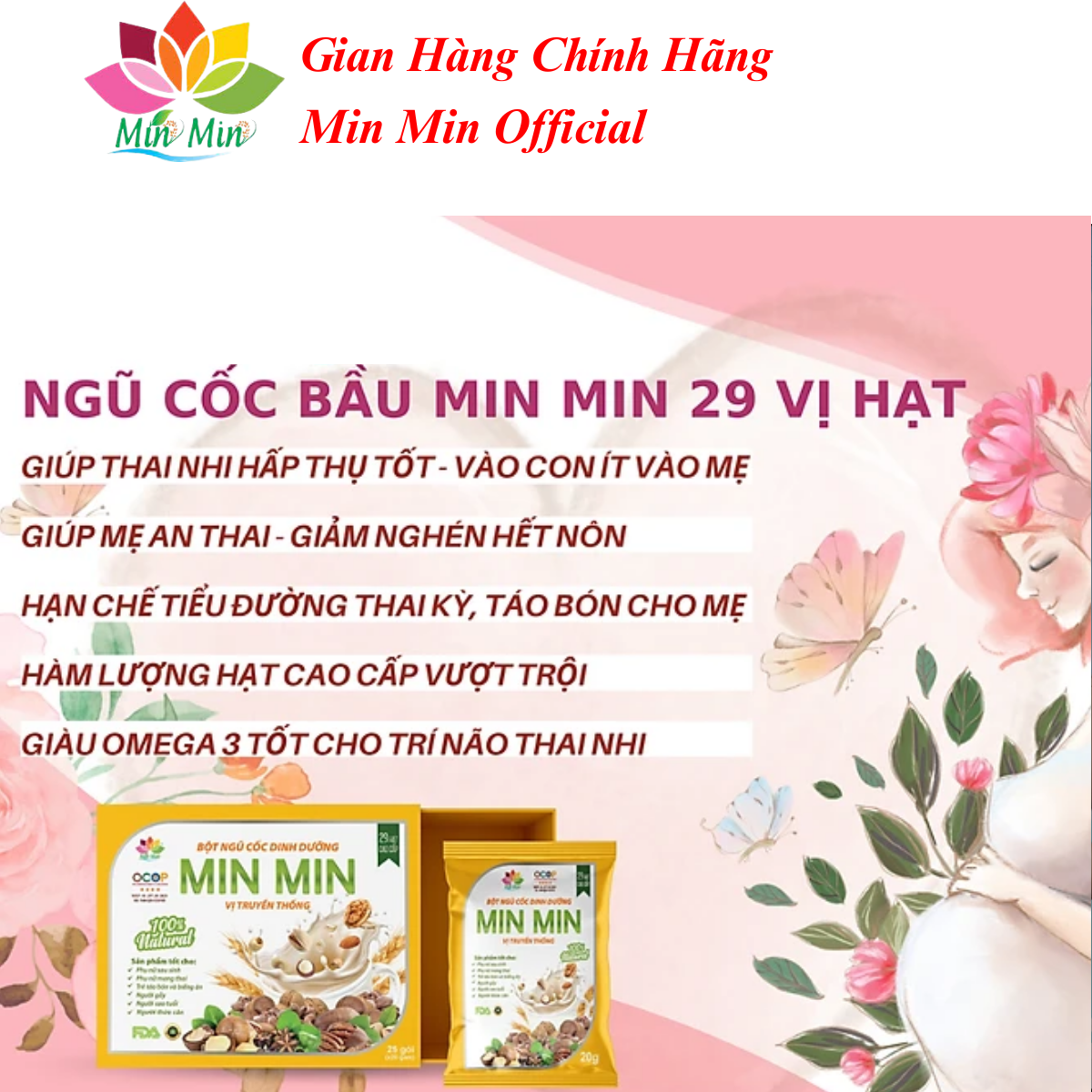 Ngũ Cốc Lợi Sữa Cao Cấp Min Min 29 Hạt - Ngũ Cốc Dinh Dưỡng Mẹ Bầu Dạng Gói 1 hộp 25 gói x20gam