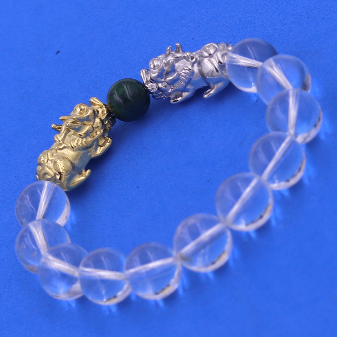 Vòng chuỗi đeo tay pha lê trắng 12 ly charm tỳ hưu đôi inox trắng và vàng, vòng chuỗi phong thủy, charm tỳ hưu, vòng tay hạt chuỗi