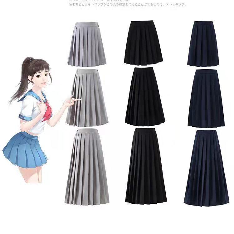 DONGSHOP Váy nửa người xuân thu, váy xếp nếp, váy chữ A, váy ngắn thắt lưng, váy dài trung bình.
