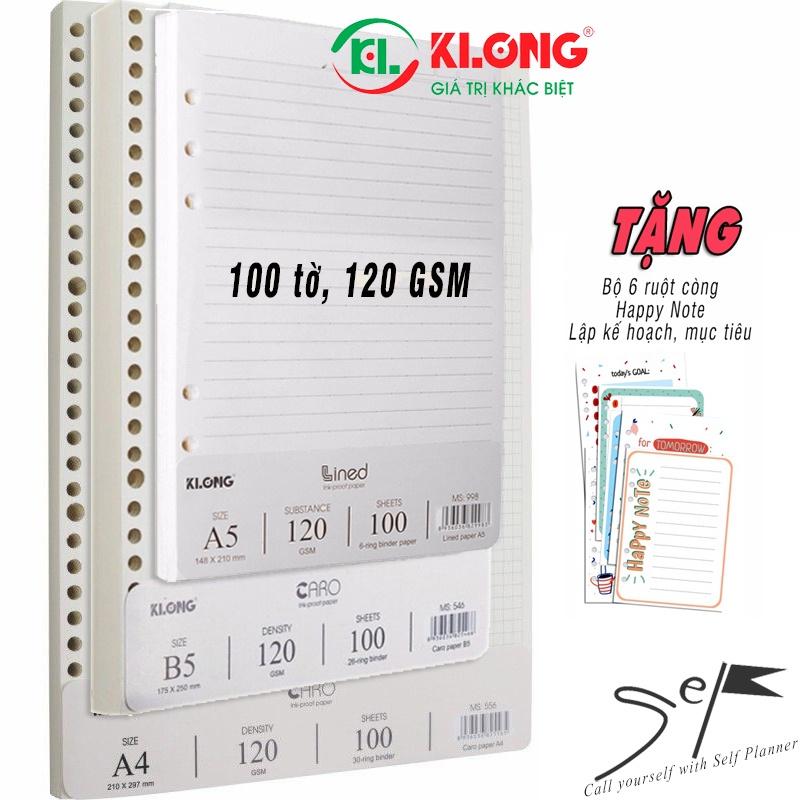 Sổ còng/Ruột refill Klong caro, kẻ ngang, chấm bi A5 A4 B5 - 100 tờ 120gsm, tặng 6 ruột Happy Note