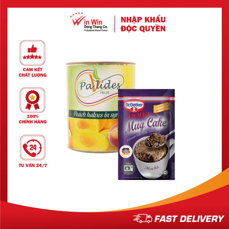 COMBO 1 Hộp Bột Làm Bánh Mug Cake Mocha Dr.Oetker 50g + 1 Lon Đào Ngâm Đường Pavlides 820g
