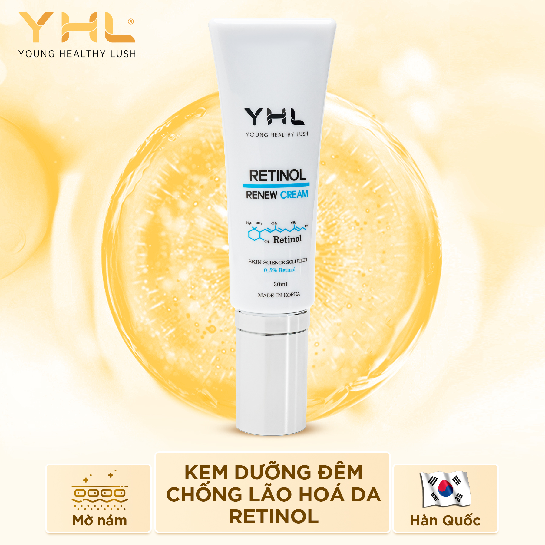 Kem dưỡng Retinol YHL Hàn Quốc 30ml chống lão hóa dưỡng ẩm chống nhăn da và giảm thâm nám đồi mồi trên da - Ban đêm