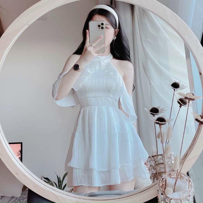 Đầm xòe trắng cổ yếm rớt vai dự tiệc, Váy đầm rẻ giá đẹp