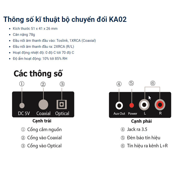 Bộ chuyển đổi âm thanh Optical sang Analog Kiwi KA-02 - Hàng Chính Hãng (Tặng tai nghe Sendem V5 Superbass)