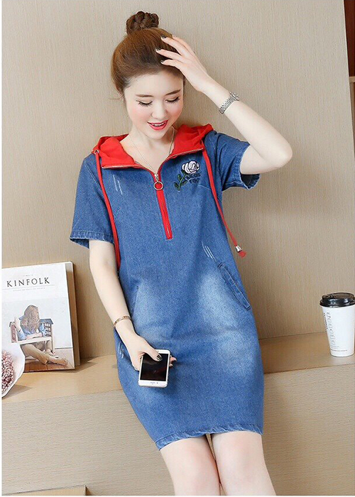 Đầm Jean Nữ Thêu Hoa Hồng Kèm Nón Màu