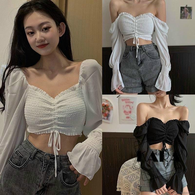 Áo Croptop Trễ Vai Voan Rút Nhún Thân Tay Dài A5020