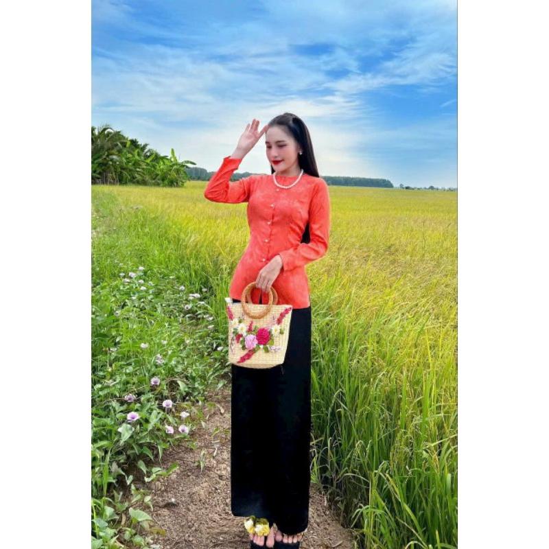 Set bộ bà ba nữ Tết gấm cổ tròn đủ màu đủ size - Xanh dương quần đen