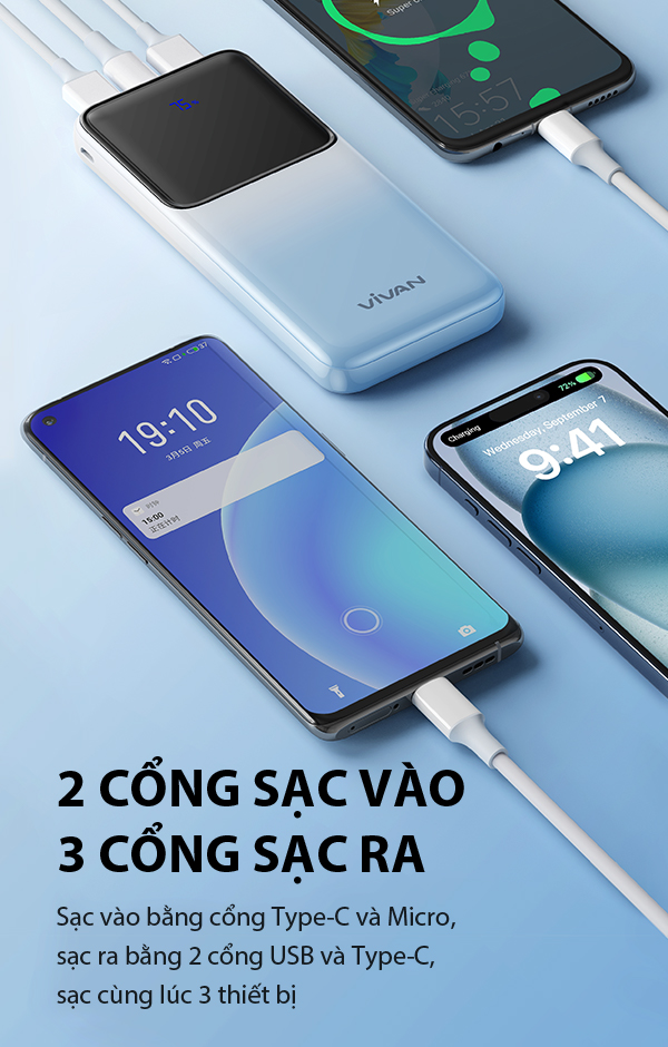 Pin Sạc Dự Phòng VIVAN VPB-D10 Dung lượng 10.000 mAh Sạc nhanh 22.5W QC3.0 & PD 2 cổng sạc vào 3 cổng sạc ra HÀNG CHÍNH HÃNG