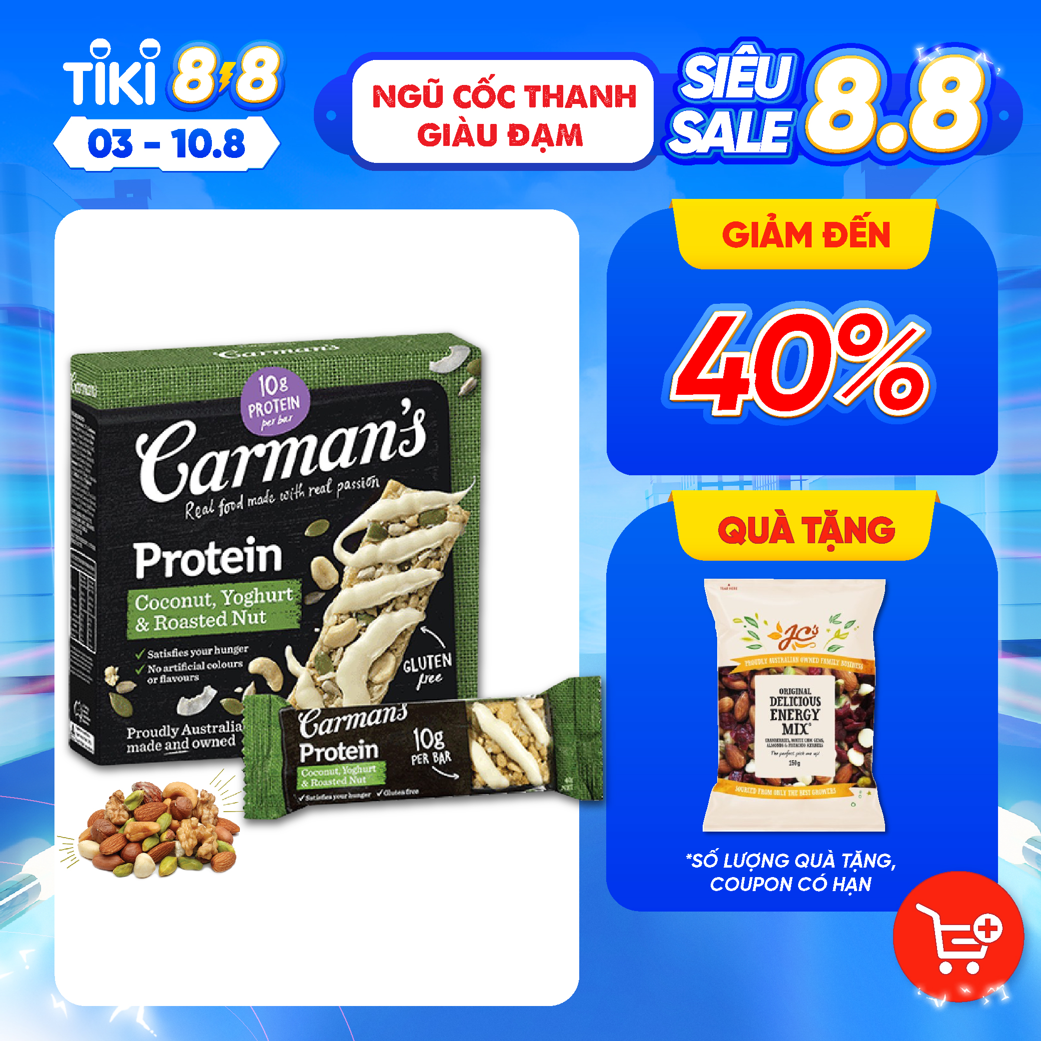 Thanh Giàu Đạm Carman's Protein Bar Coconut, Yoghurt, Roasted Nut - Vị Dừa, Sữa Chua - 200g