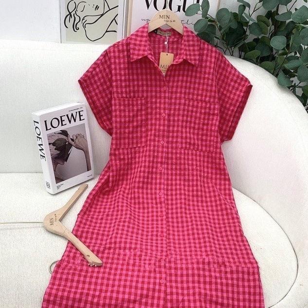 Váy sơ mi váy suông nữ đầm suông sơ mi form rộng họa tiết kẻ caro hồng hottrend bkfrreship