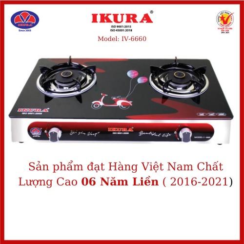 Bếp gas đôi mặt kính Ikura - (IV -6660)- Đầu đốt hoa sen bằng đồng phi 82(mm) - Hàng Chính Hãng