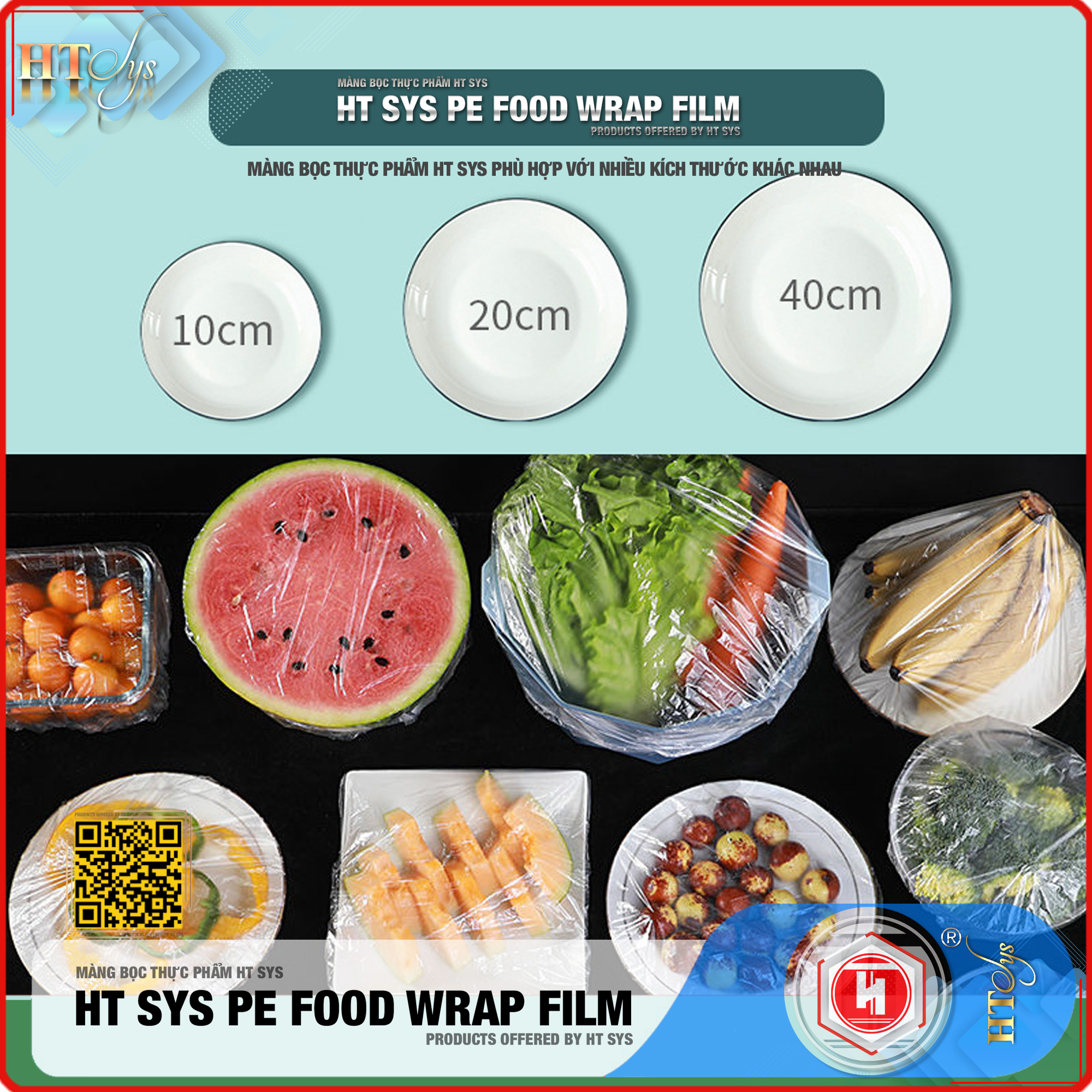 Màng Bọc Thực Phẩm HT SYS PE FOOD WRAP FILM - Chất Liệu PE Cao Cấp - Có Chun Co Giãn - Tái Sử Dụng Nhiều Lần - An Toàn Vệ Sinh - Gói 100 Chiếc Tặng Kèm Túi Đựng Và Móc Dán Đa Năng