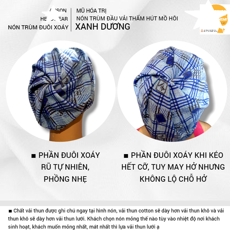 [KIỂU TRÙM ĐẦU ĐUÔI XOÁY] [2 LỚP] Nón vải trùm đầu, bằng vải mát, beanie, cancer, chemo hat, mũ vải thời trang, mũ hóa trị, mũ xạ trị