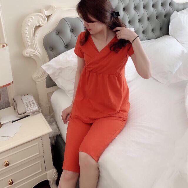 Bộ đồ bầu mặc nhà mùa hè ngắn tay - bộ đô bầu lửng vạt chéo sau sinh cotton thoáng mát
