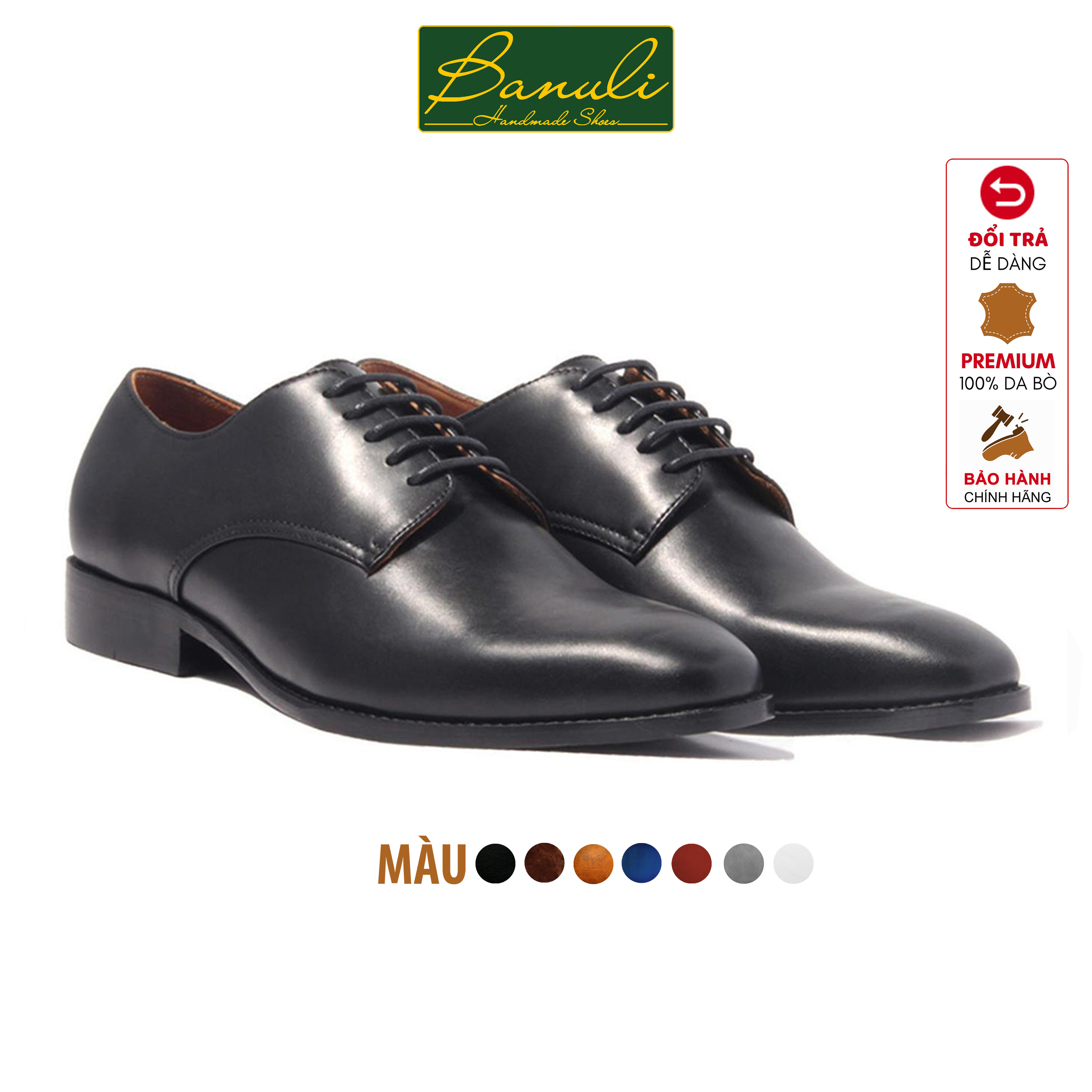 Giày Tây Nam Công Sở Banuli Da Bê Italian Dây Buộc Plan Toe Derby H1PD1 (Da Veg Itali Mềm Dẻo, Đế Siêu nhẹ, Bảo Hành Trọn Đời)