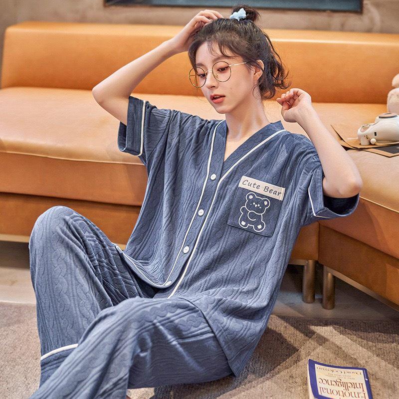 Bộ Mặc Nhà Pyjama Áo Cộc Quần Dài Cổ V Chất Cotton Thấm Hút Co Dãn Mềm Mại