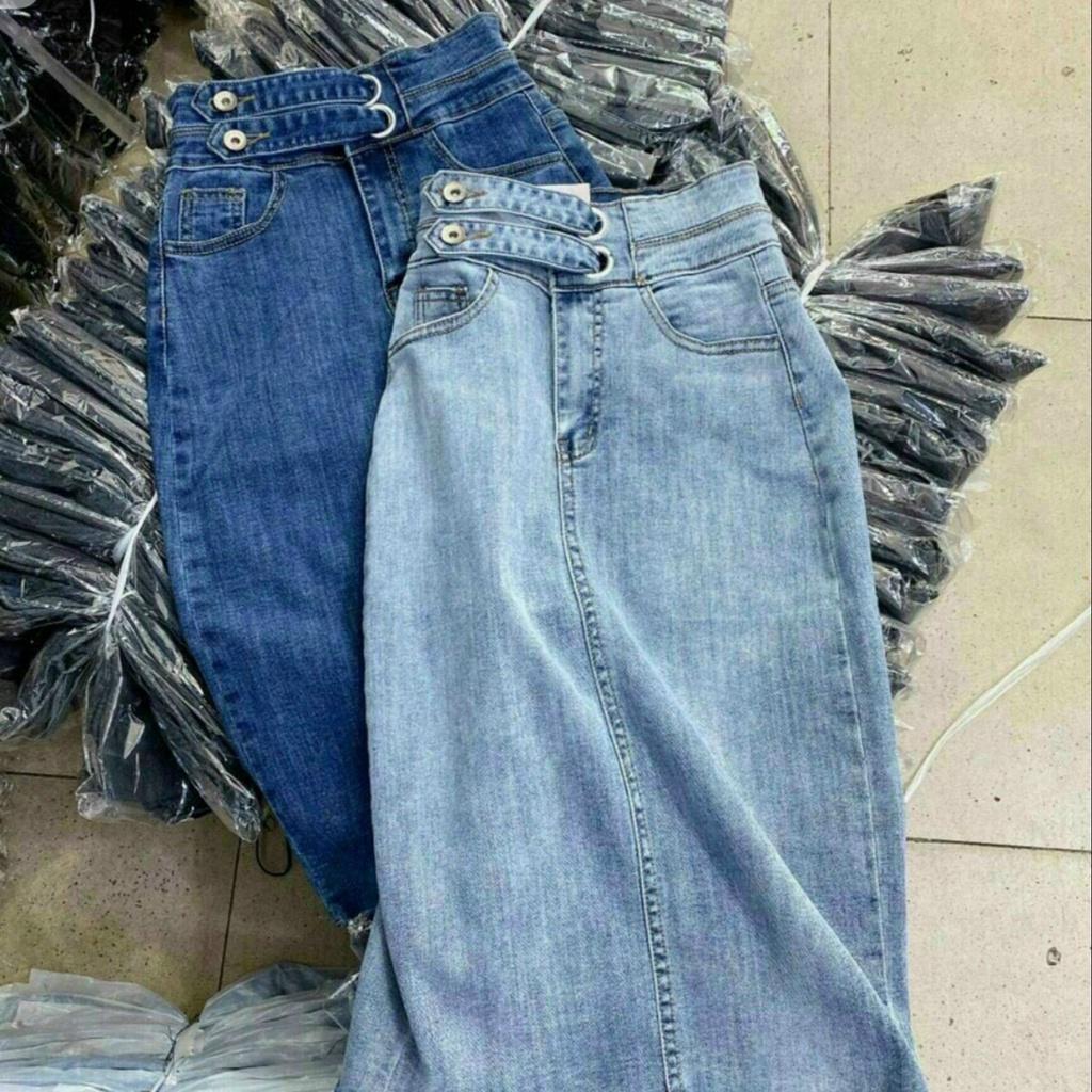 Chân Váy Jean Dài Nữ Phối 2 Khoen Gài Trước Chất Jean Coton Co Dãn 4 Chiều Mẫu Hót Thuydieushop97