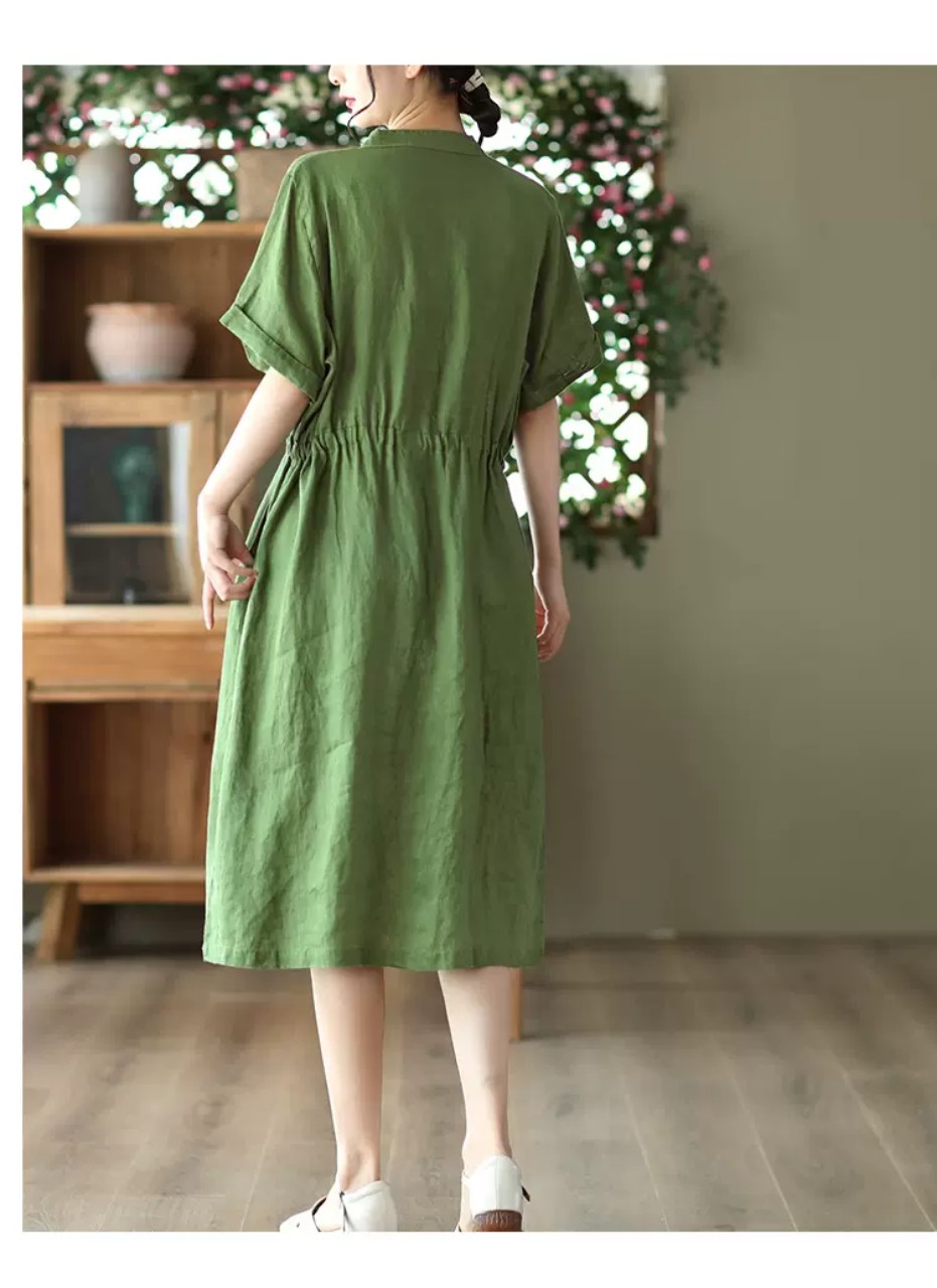 Đầm Váy midi linen sơ mi nữ cổ V, ngắn tay thời trang hè , phù hợp mặc đi chơi, đi làm ARCTIC HUNTER AH171