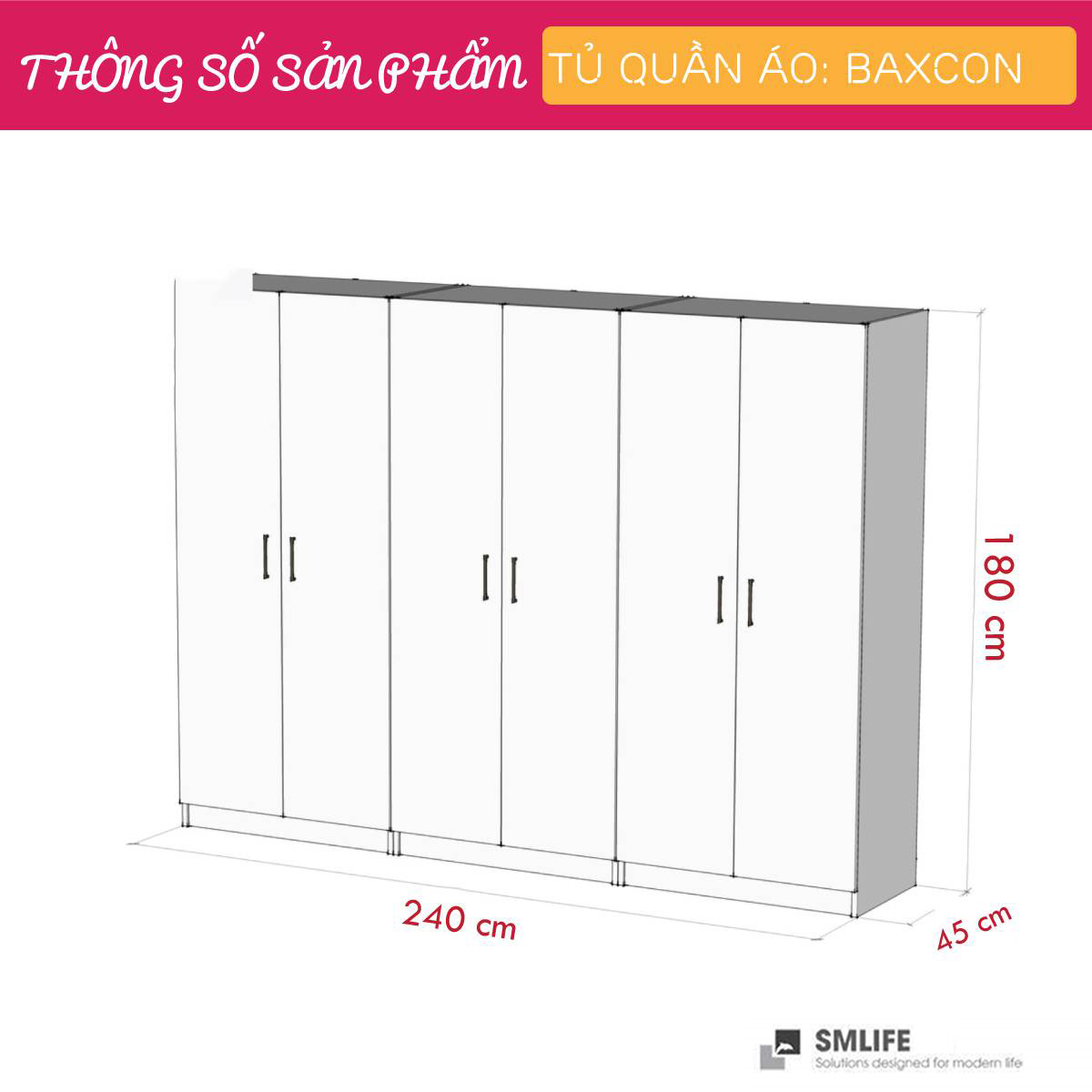 Tủ quần áo gỗ hiện đại SMLIFE Baxcon | Gỗ MDF dày 17mm chống ẩm | D240xR45xC180cm