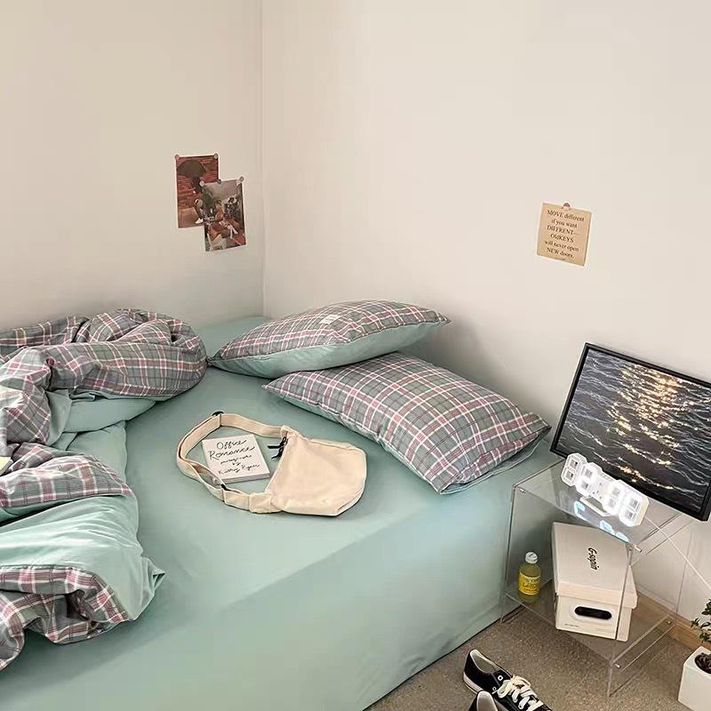 Bộ Vỏ chăn ga gối Cotton TC Nhà Nhím Chăn ga gối kẻ sọc caro 4 món