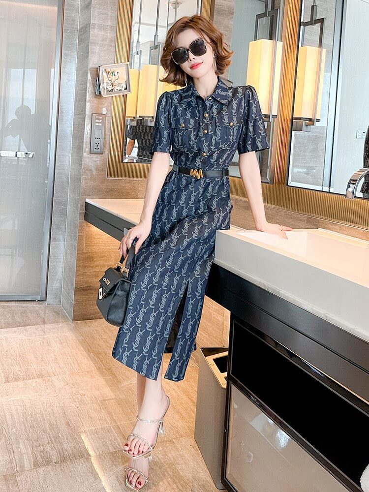 ĐẦM LỤA CHỮ SƠ MI KÈM NỊT