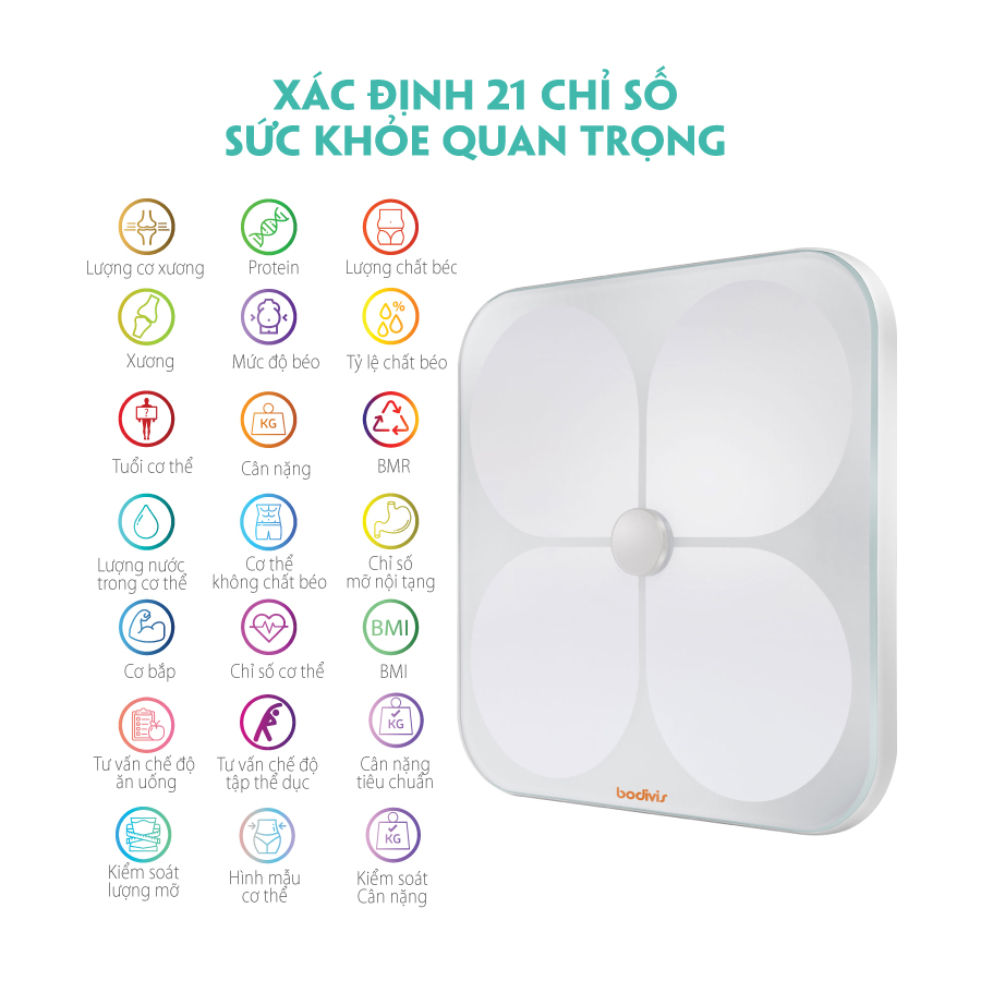 Cân sức khỏe có hướng dẫn tập luyện, ăn uống, thông minh, đo 21 chỉ số cơ thể, cao cấp chuẩn FDA - Bodivis chính hãng