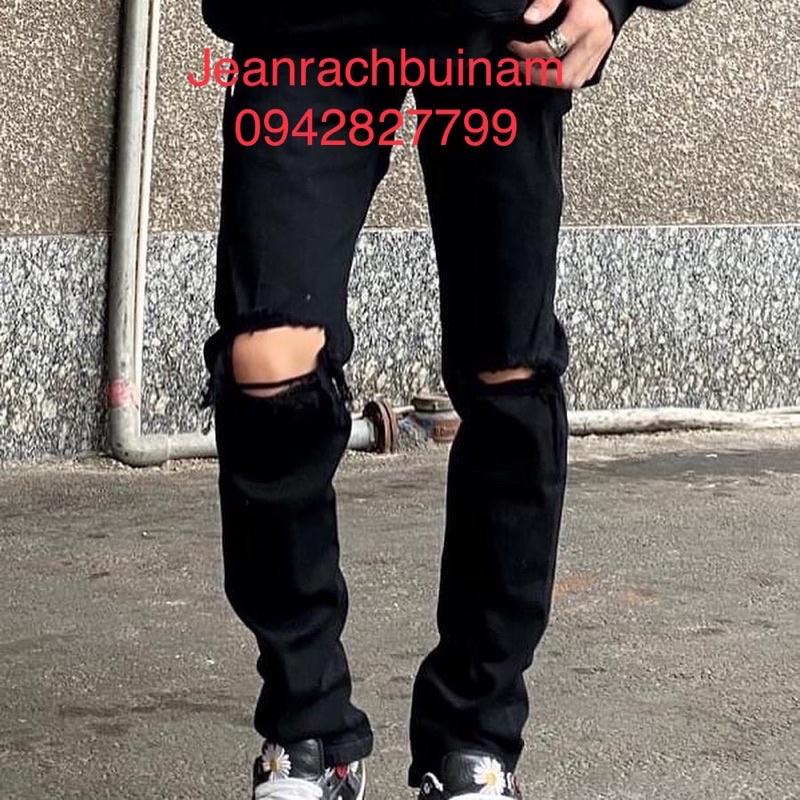 Quần Jeans Skinny Đen Rách To Ngang Gối