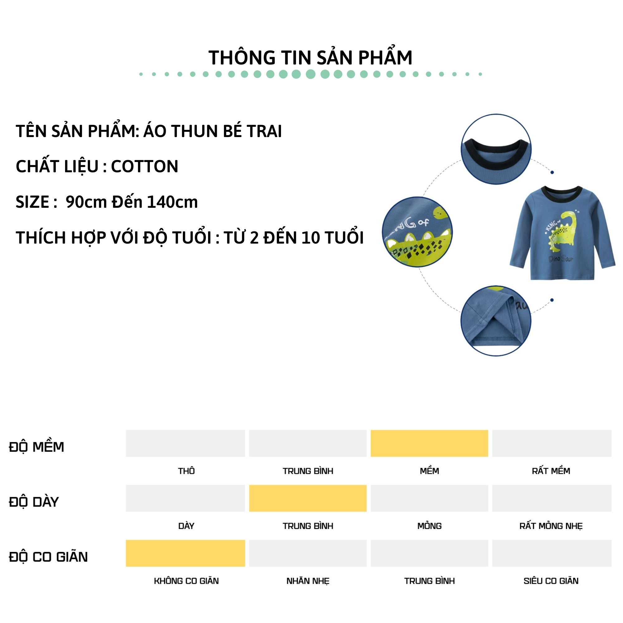 Áo thun dài tay bé trai 27KIDS áo cho bé họa tiết khủng long chất cotton 100% S2004