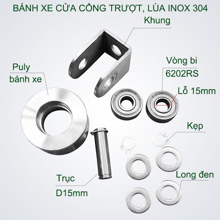 01 bánh xe cho cửa cổng trượt, cửa lùa bằng inox 304, loại 68x28mm, Hình U, V, H tùy chọn