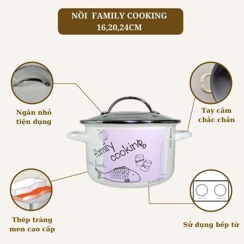 Nồi Thép Tráng Men  nhập khẩu cao cấp FAMILY COOKING- Sử dụng bếp từ, Kích thước 16cm, 20cm, 24cm