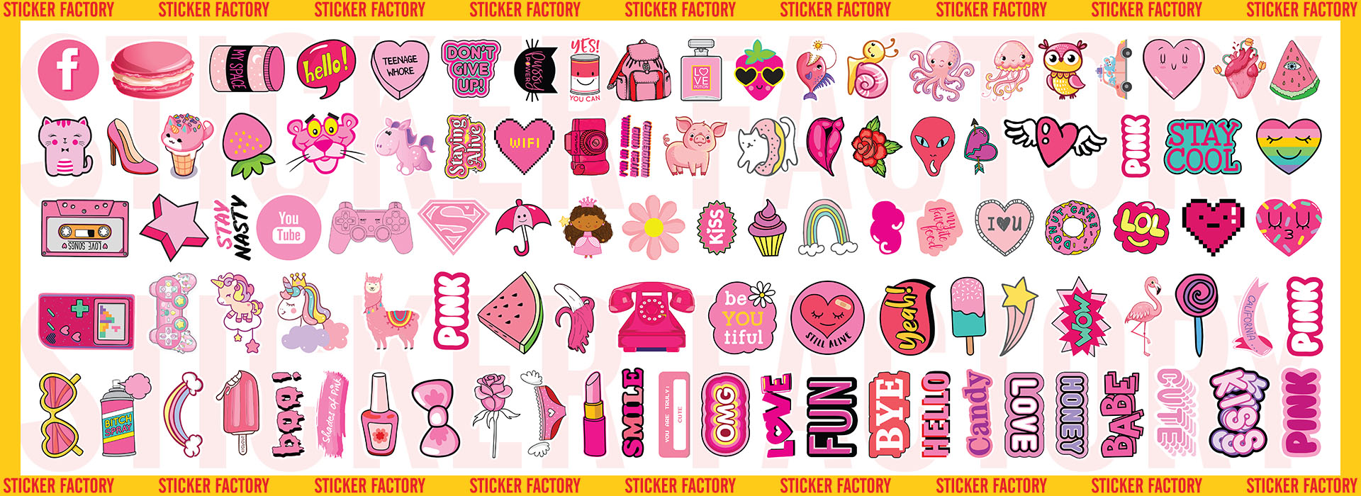Pink - Set 100 sticker decal hình dán nón bảo hiểm, laptop, xe máy, ô tô - STICKER FACTORY