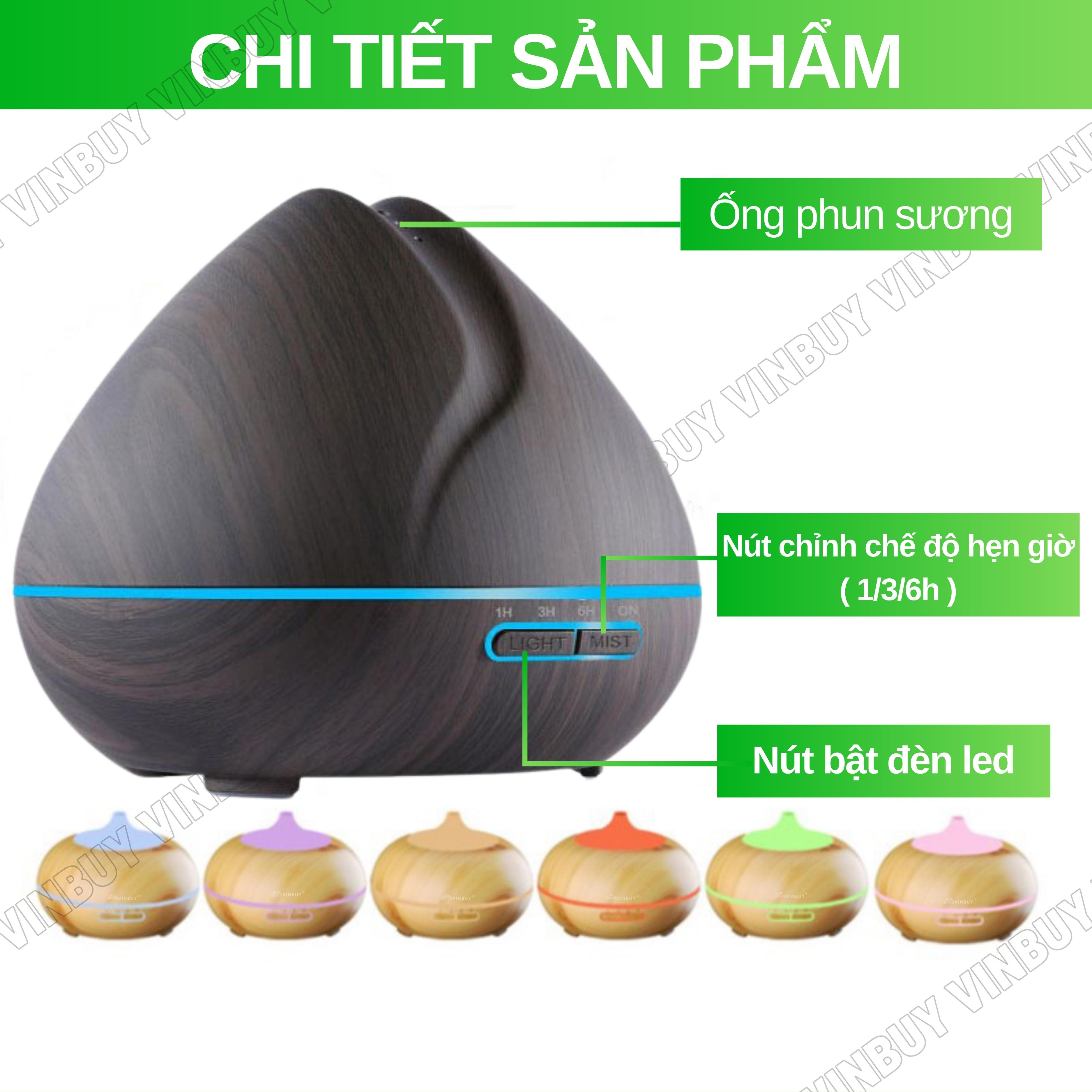 Máy xông tinh dầu VINBUY búp sen, máy khuếch tán phun sương tạo ẩm, máy xông tinh dầu phòng ngủ, spa, nhà hàng, dung tích lớn led 07 màu - Hàng chính hãng