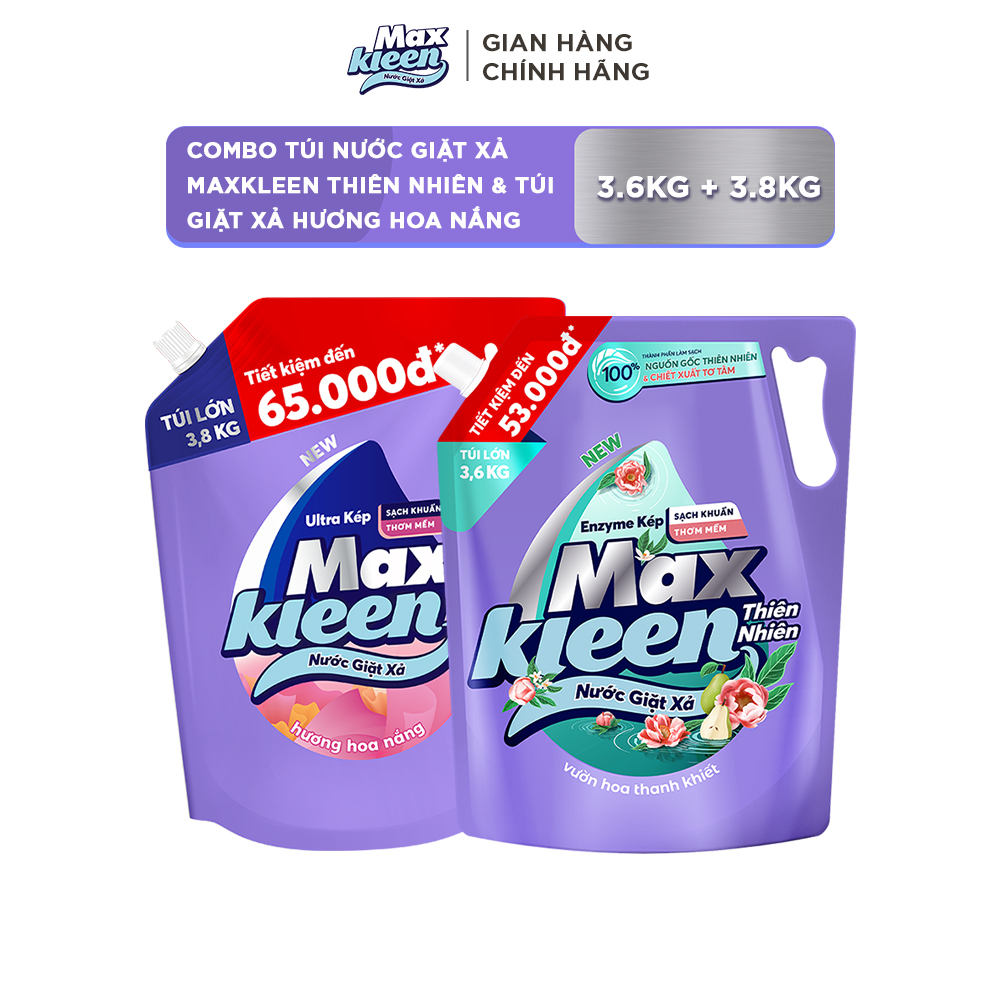 Combo Túi Nước Giặt Xả MaxKleen Thiên Nhiên 3.6kg + Túi Hoa Nắng 3.8kg