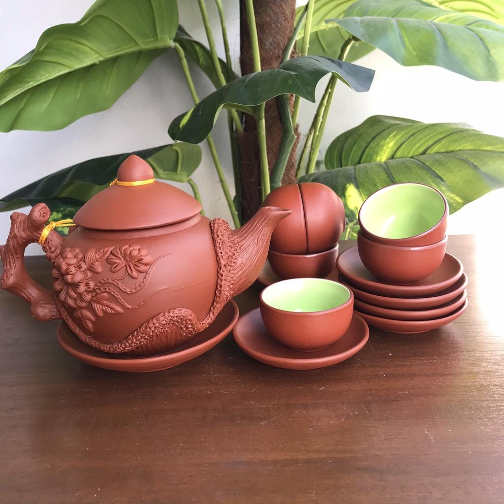 Bộ ấm chén trà Tử sa Bát Tràng Hoa Phù Dung đỏ 400ml