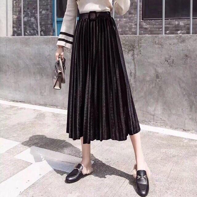 CHÂN VÁY XẾP LY NHUNG KÈM ĐAI