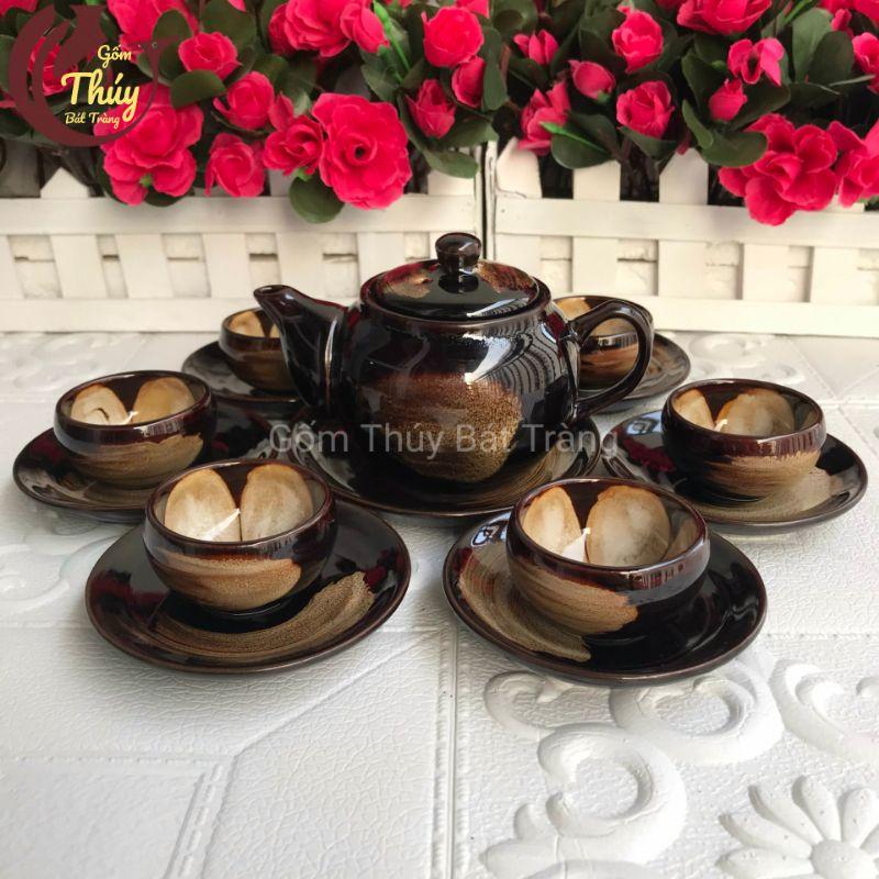 Bộ ấm chén men hoả biến cao cấp Bát Tràng màu đen, lòng chén hoa trắng 280ml