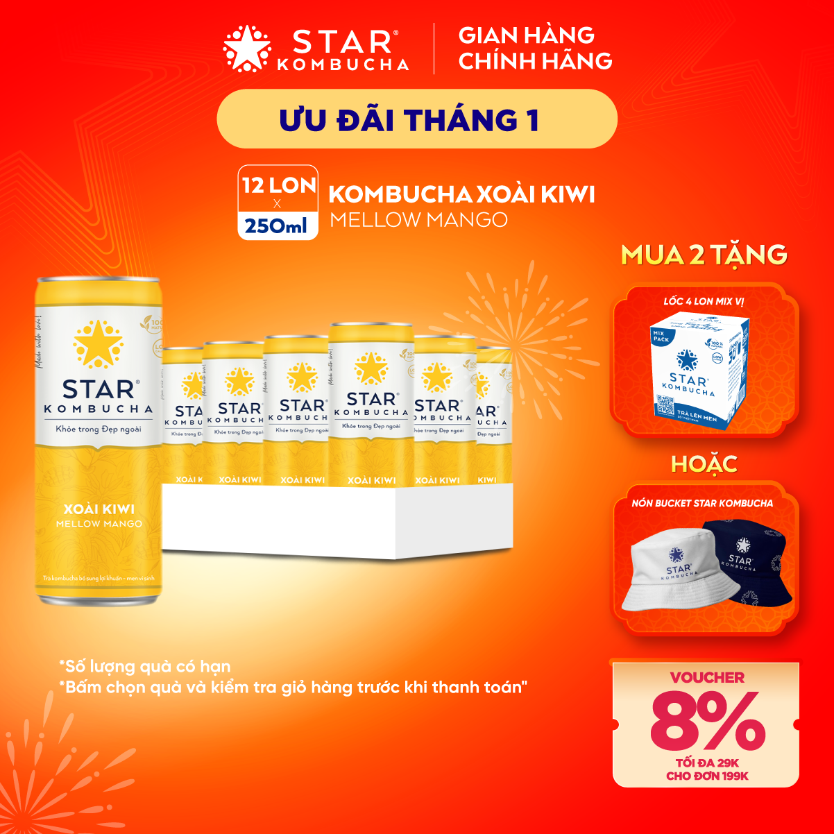 Thùng 12 lon thức uống lên men STAR KOMBUCHA Xoài Kiwi / Mellow Mango
