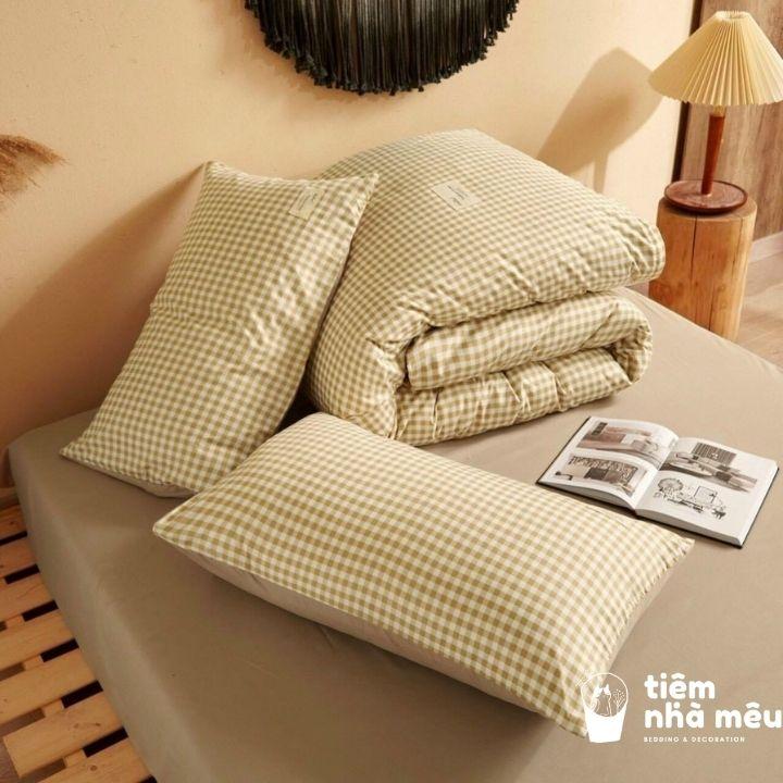 Bộ Chăn Ga Gối Cotton Tici m6/m8/2m-Tiệm Nhà MêuSet 4 Món Cotton Tici Kẻ Caro Vintage Phong Cách Hàn Quốc Dày Dặn Miin