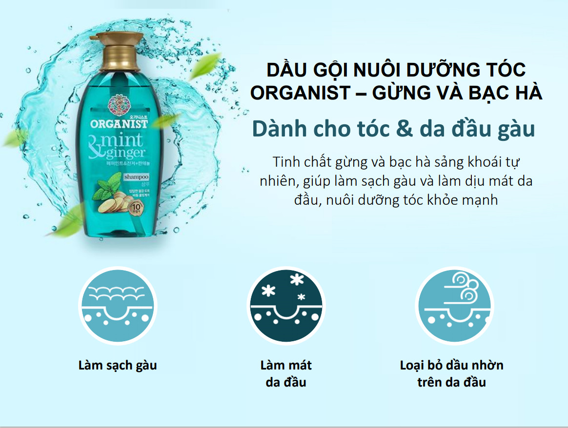 Dầu gội Organist dưỡng chất thiên nhiên từ Gừng và Bạc Hà - dành cho tóc và da đầu gàu 500ml