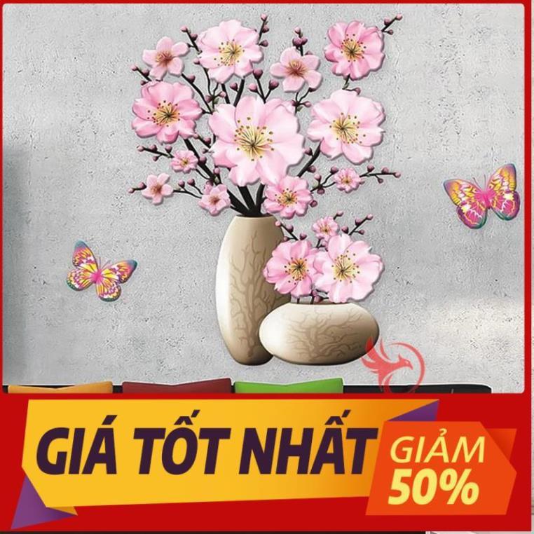 Tranh dán tường 3D treo phòng khách, phòng ngủ trang trí đẹp hình bình lọ hoa hồng/sen/trà/đào