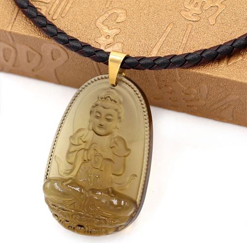 Dây chuyền mặt phật Đại Nhật Như Lai thạch anh khói 5cm + dây da - phật bản mệnh tuổi Mùi, tuổi Thân
